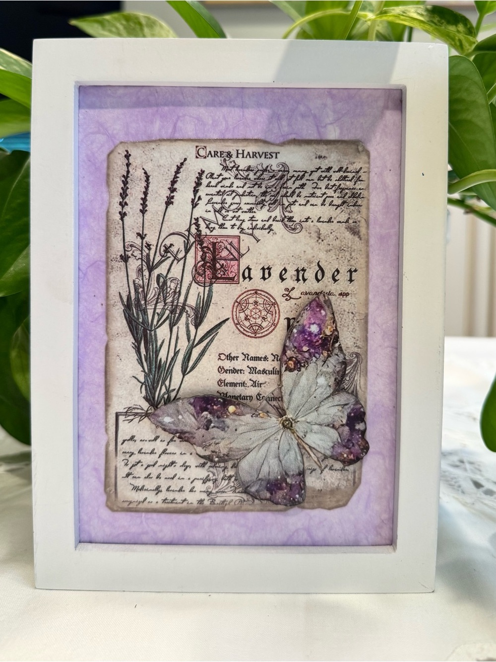 Lavender Butterfly Framed Wall Art Purple Accent Hand Crafted 8” x 6” - Picture 2 of 6